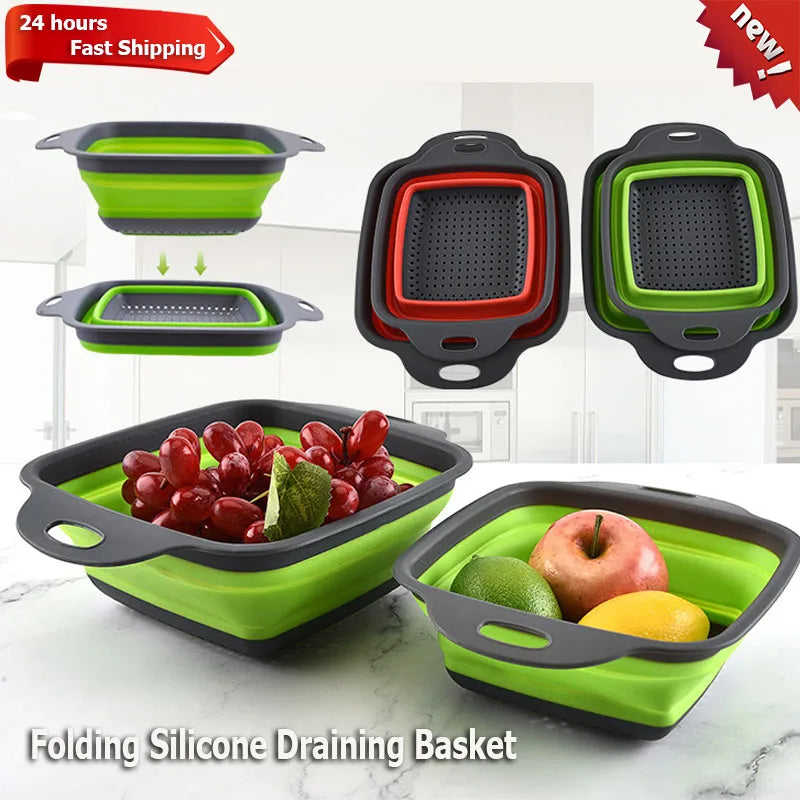 Silicone Folding Drain Basket Fruit Vegetable Washing Basket Kitchen Storage Tool Foldable Strainer Colander Collapsible Drainer