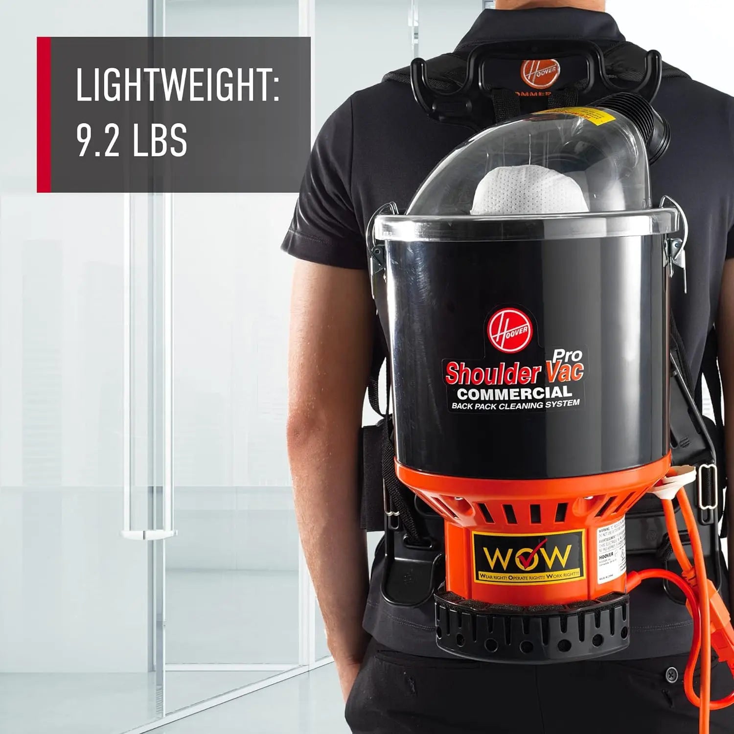 Hoover Commercial Lightweight Backpack Baggged Vacuum Cleaner, Lightweight, For Carpet and Hard Floors, C2401,Black