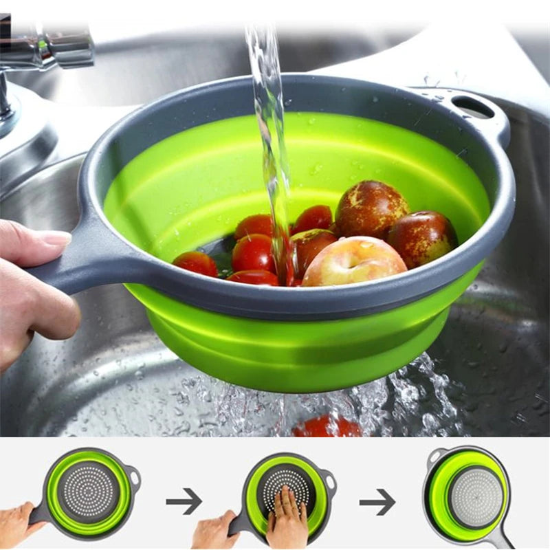 1PC Foldable Handle Silicone Plastic Colander Drain Basket Fruit Vegetable Washing Strainer Drainer Kitchen Tools Accessories