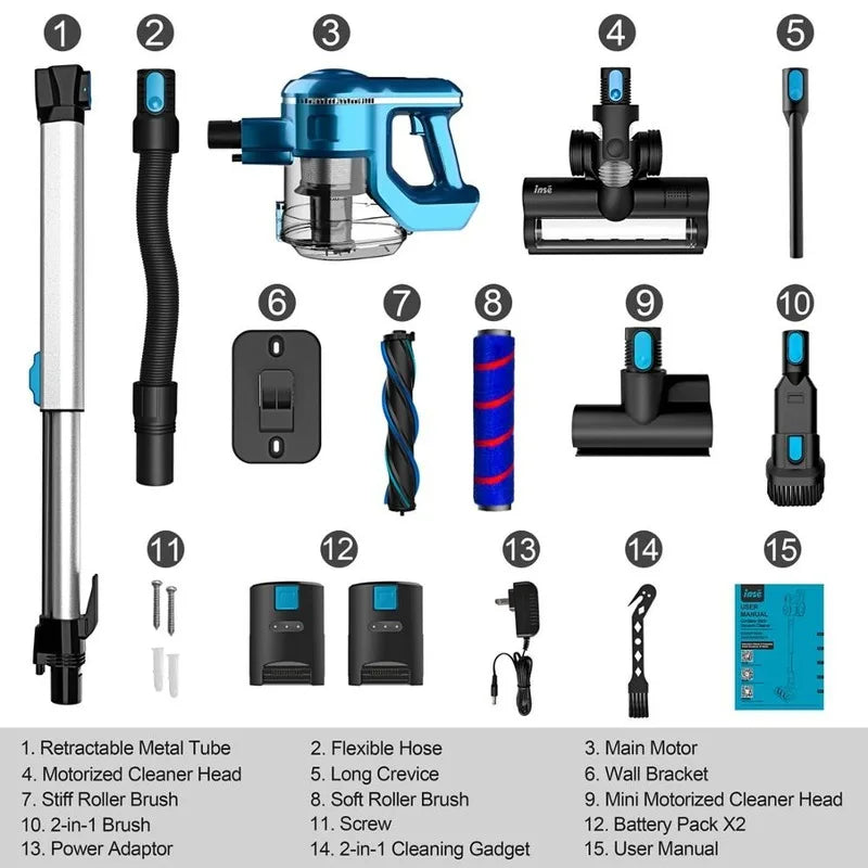 INSE Cordless Vacuum Cleaner 2 Batteries 250W Brushless Motor Multifunctional Stick Vacuum Cleaner Up to 80Min Runtime