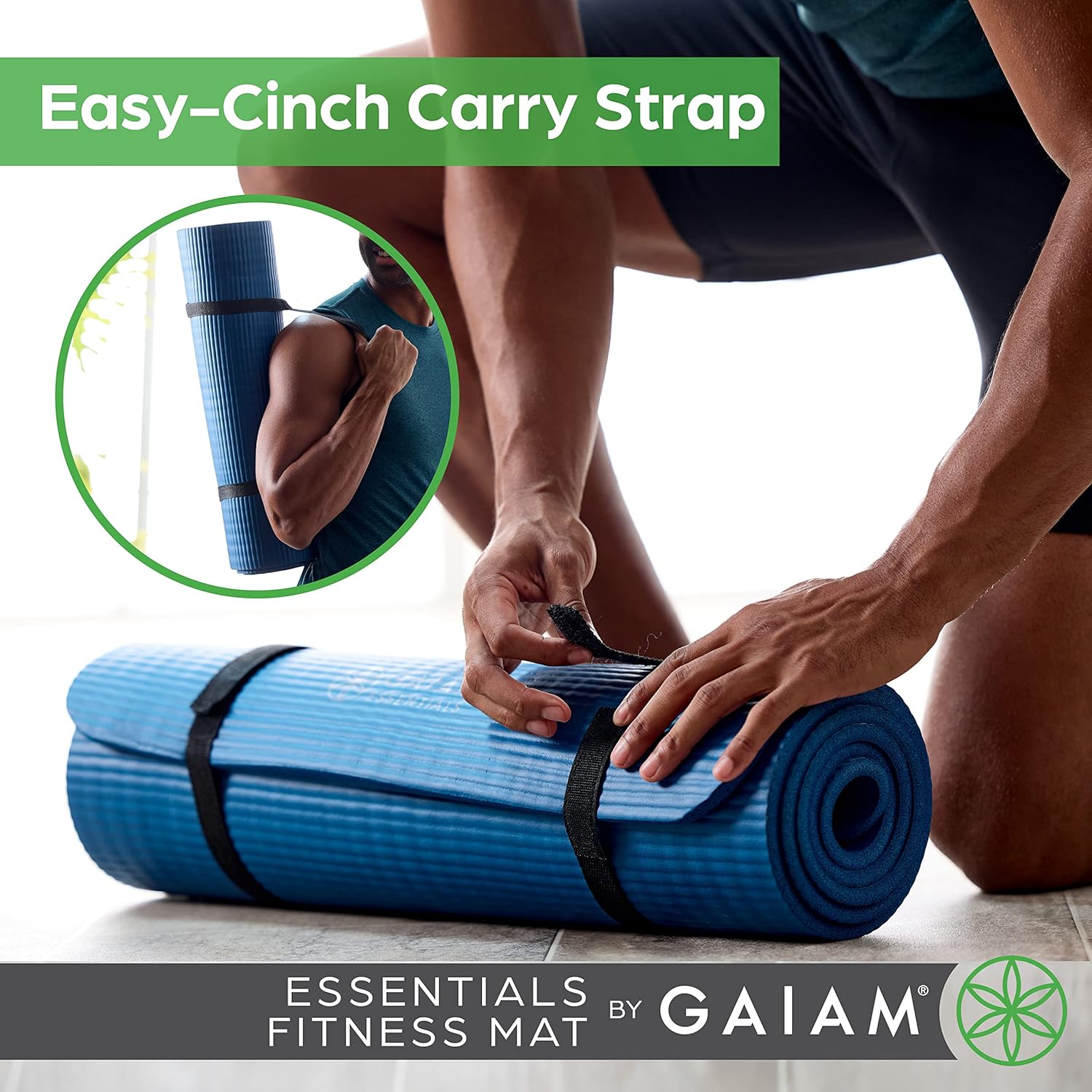 Gaiam Essentials Thick Yoga Mat Fitness & Exercise Mat with Easy-Cinch Yoga Mat Carrier Strap, 72"L x 24"W x 2/5 Inch Thick