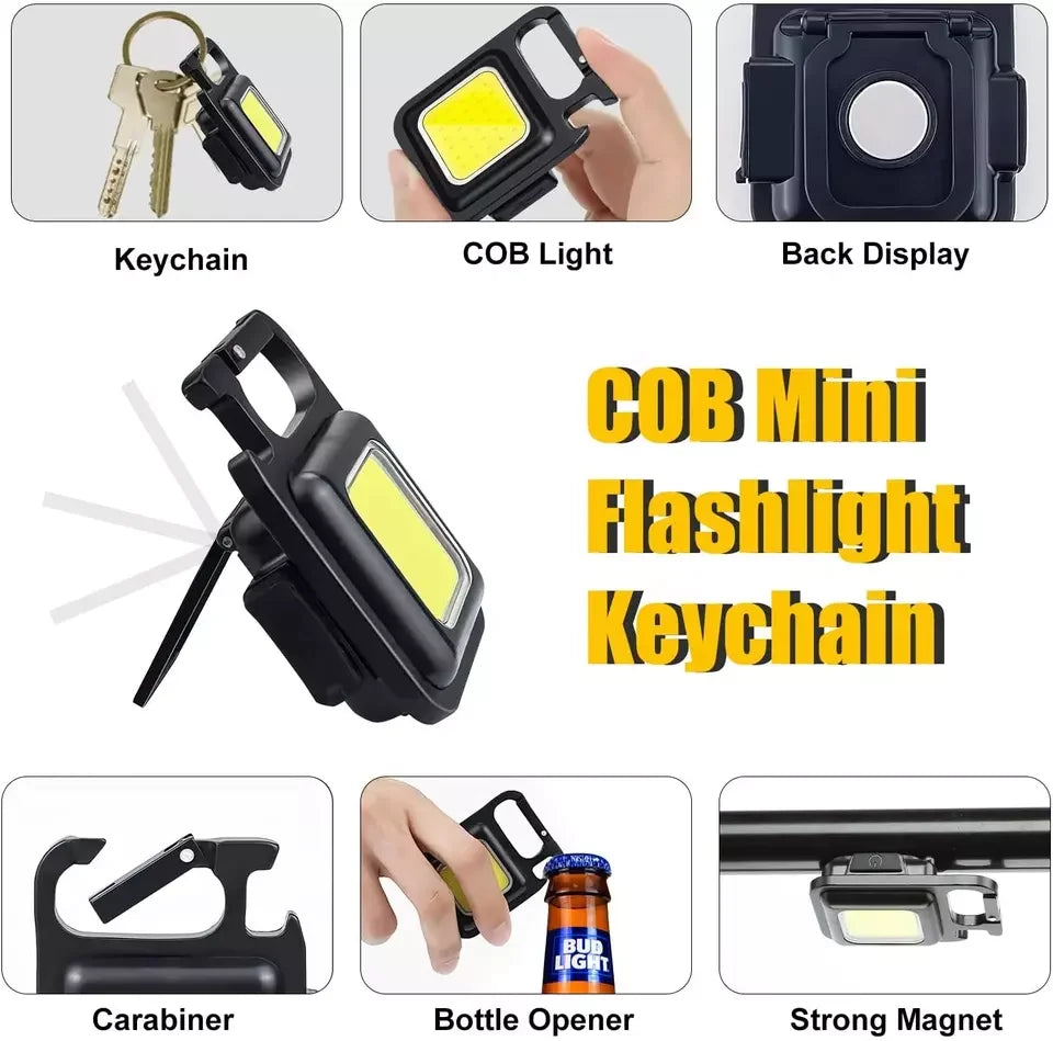 Recharge Strong Magnet Cob Light Mini Portable Key Rings Camping Lantern Keychain Flashlights with Folding Bracket Bottle Opener